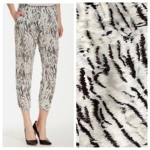 Parker ruched cropped Devlin pants pleated front pockets tiger print green sz 8